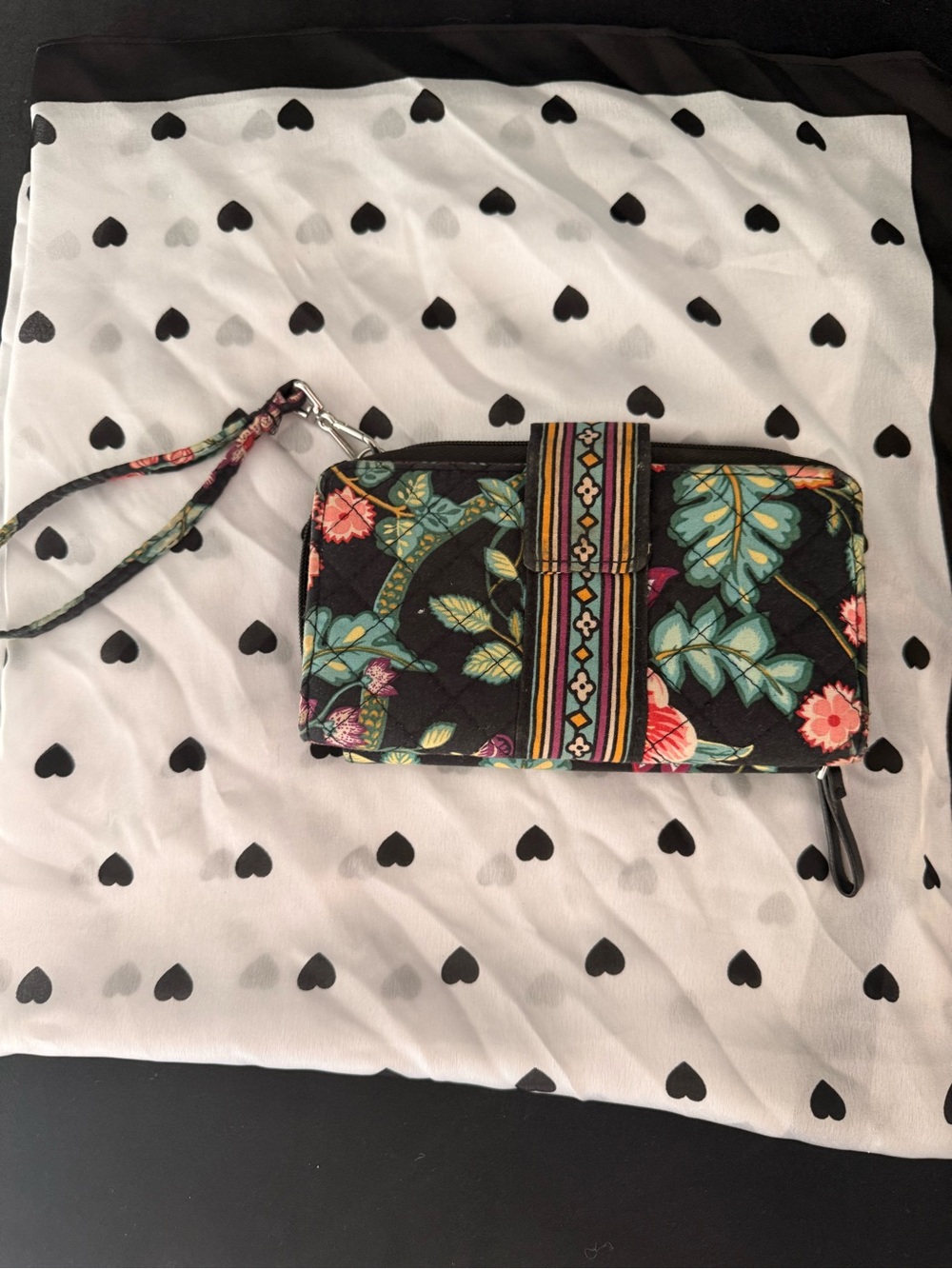 Vera Bradley Black Floral Wristlet with Teal, Coral and Yellow Accents